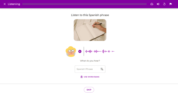 Word bank feature on listening exercise